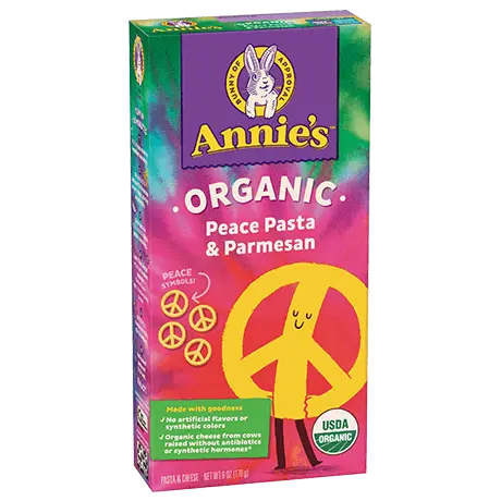 Annie's Organic Peace Pasta And Parmesan, front of box.