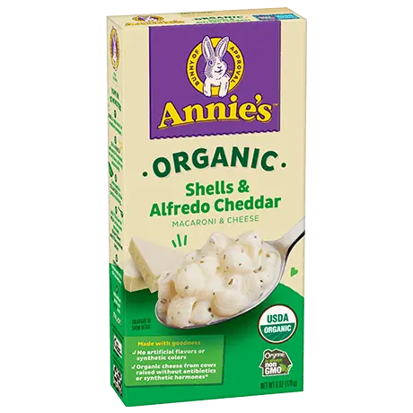 Annie's Organic Shells And Alfredo Cheddar Macaroni And Cheese, front of box.