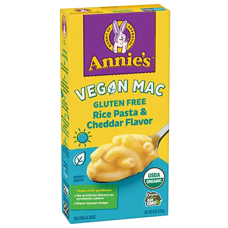 Annie's Organic Vegan Mac Gluten Free Rice Pasta And Cheddar Flavor, front of box.