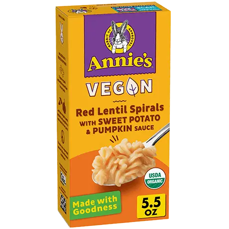 Annie's Vegan Red Lentil Spirals With Sweet Potato And Pumpkin Sauce, organic, front of box.
