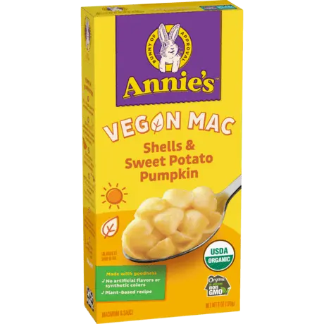 Annie's Vegan Mac, Shells And Sweet Potato Pumpkin, Organic, front of box.