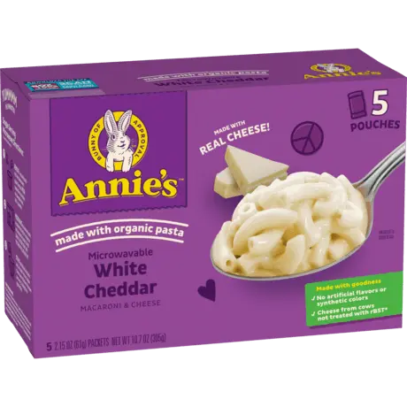 Annie's Microwaveable White Cheddar Macaroni And Cheese, five pouches, made with real cheese, front of box.