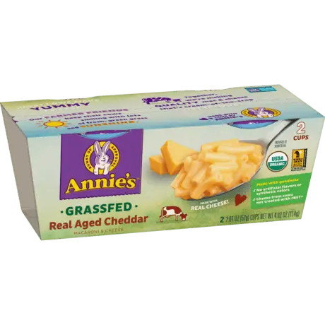 Annie's Organic Grass Fed Real Aged Cheddar Microwaveable Macaroni And Cheese Cup, two cups, front of package.