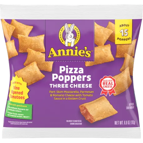 Annie's Pizza Poppers Three Cheese, fifteen poppers, front of bag.