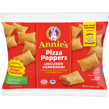 Annie's Pizza Poppers Uncured Pepperoni, fifteen poppers, front of bag.