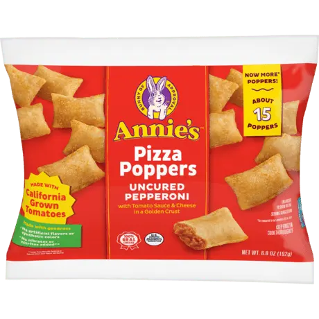 Annie's Pizza Poppers Uncured Pepperoni, fifteen poppers, front of bag.