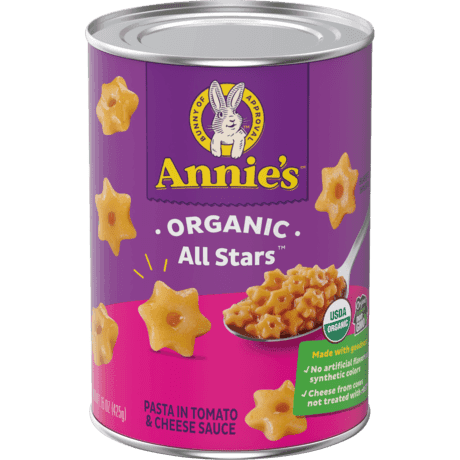 Annie's Organic All Stars Pasta In Tomato And Cheese Sauce, front of can.