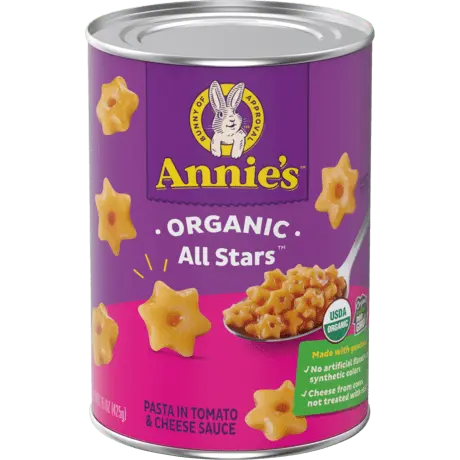 Annie's Organic All Stars Pasta In Tomato And Cheese Sauce, front of can.
