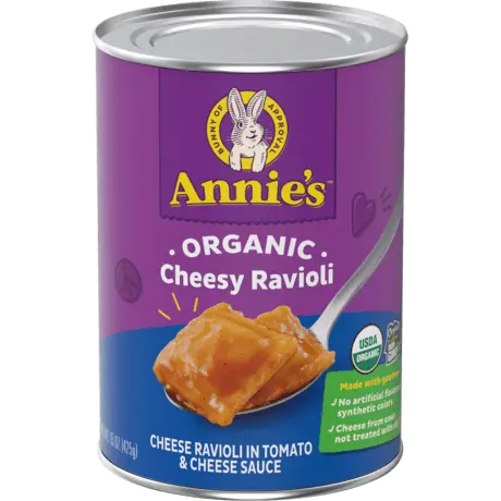 Annie's Organic Cheesy Ravioli, Cheese ravioli in tomato and cheese sauce, front of can.