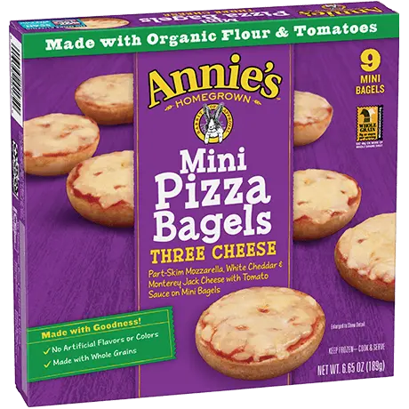 Annie's Three Cheese Mini Pizza Bagels, nine mini bagels, front of box.