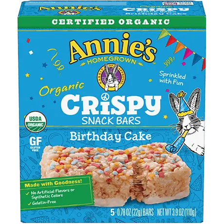 Annie's Organic Birthday Cake Crispy Snack Bars, Gluten Free, front of box.