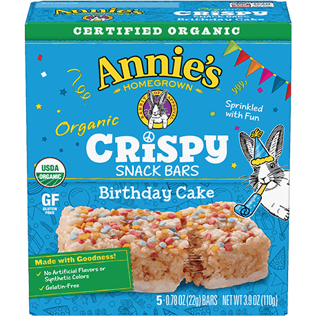 Annie's Organic Birthday Cake Crispy Snack Bars, Gluten Free, front of box.