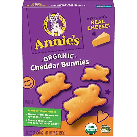 Annie's Organic Cheddar Bunnies, made with real cheese, front of box.