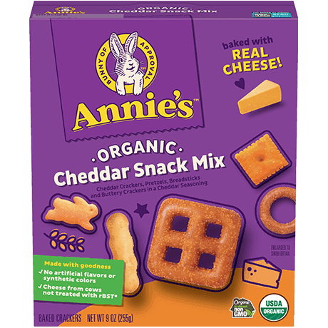 Annie's Organic Cheddar Snack Mix, baked with real cheese, front of box.