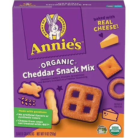 Annie's Organic Cheddar Snack Mix, baked with real cheese, front of box.