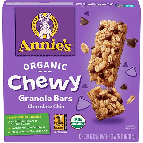Annie's Organic Chocolate Chip Chewy Granola Bars, front of box.