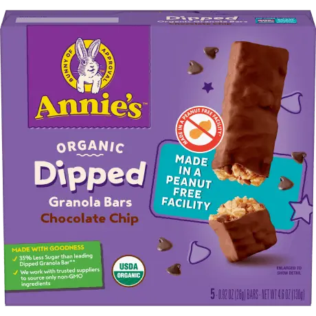 Annie's Organic Dipped Granola Bars, Chocolate Chip, made in a peanut-free facility, front of box.