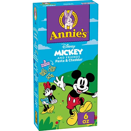 Annie's Mickey and Friends Pasta And Cheddar, three shapes, front of box.
