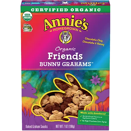 Annie's Organic Friends Bunny Grahams, Chocolate Chip, Chocolate and Honey, front of box.
