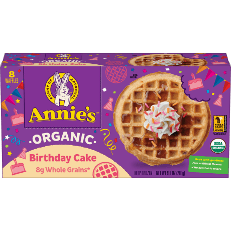 Annie's Organic Birthday Cake Frozen Waffles, eight count, front of box.
