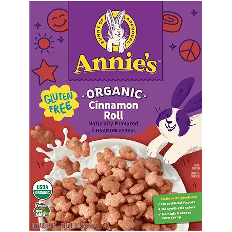 Annie's Organic Cinnamon Roll Cereal, Gluten Free, Front of box.