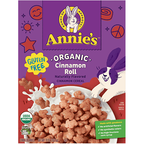 Annie's Organic Cinnamon Roll Cereal, Gluten Free, Front of box.