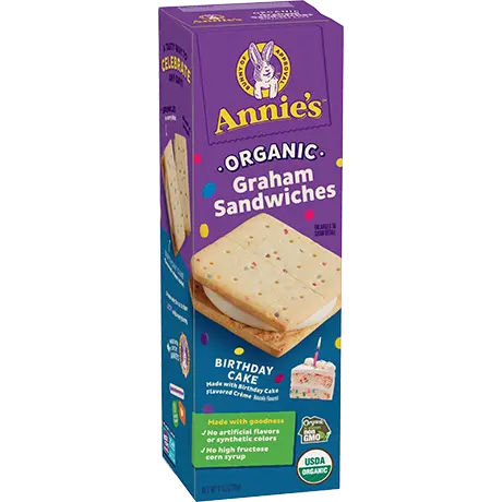 Annie's Organic Graham Sandwiches, Birthday Cake, front of box.