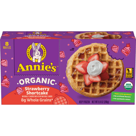 Annie's Organic Strawberry Shortcake frozen waffles, eight count, front of box.