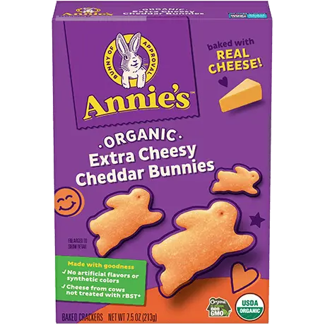 Annie's Organic Extra Cheesy Cheddar Bunnies, made with real cheese, front of box.