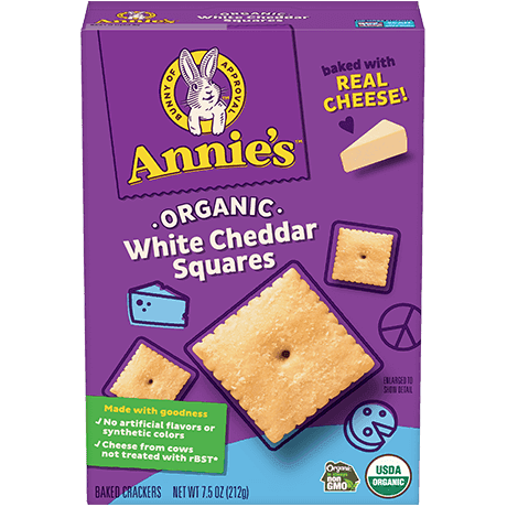 Annie's Organic White Cheddar Squares, made with real cheese, front of box.