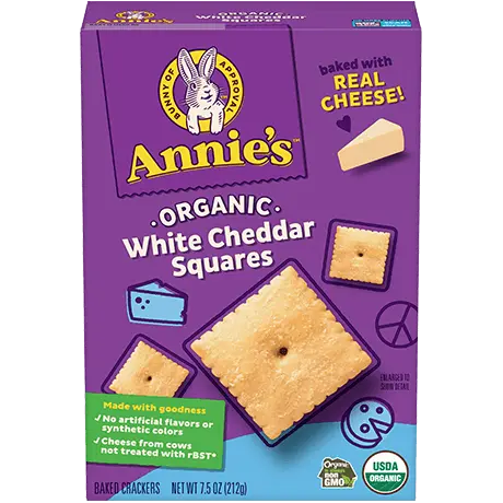 Annie's Organic White Cheddar Squares, made with real cheese, front of box.