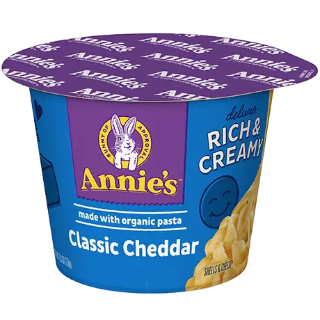 Annie's Classic Cheddar Microwaveable Cup, made with organic pasta, front of cup.