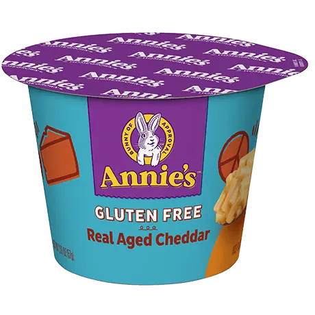 Annie's Gluten Free Real Aged Cheddar Microwaveable Mac Cup, front of cup.