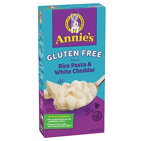 Annie's Gluten Free Rice Pasta And White Cheddar, front of box.