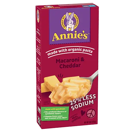 Annie's Macaroni And Cheddar, made with organic pasta, 25% less sodium, front of box.