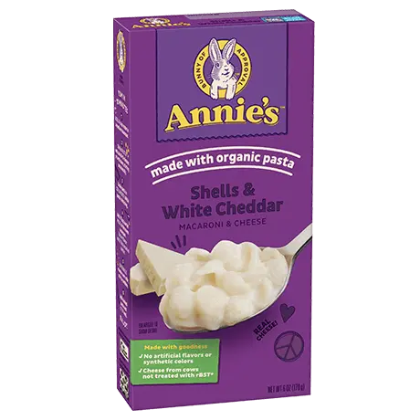 Annie's Shells And White Cheddar Macaroni And Cheese, made with organic pasta, front of box.