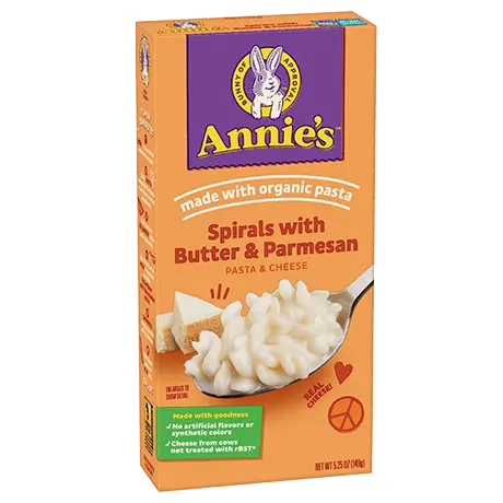 Annie's Spirals With Butter And Parmesan Pasta And Cheese, made with organic pasta, front of box.