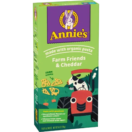 Annie's Farm Friends And Cheddar Pasta And Cheese, made with organic pasta, front of box.