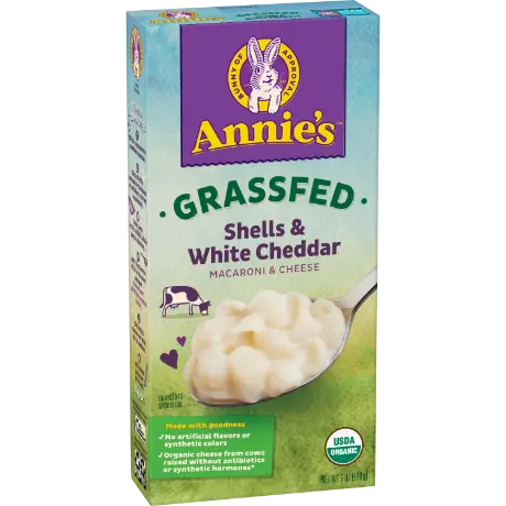 Annie's Grassfed Shells And White Cheddar Mac And Cheese, organic, front of box.