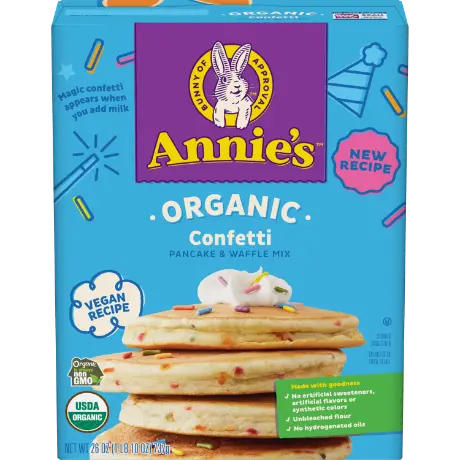 Annie's Organic Pancake And Waffle Mix, Confetti, vegan, front of box.