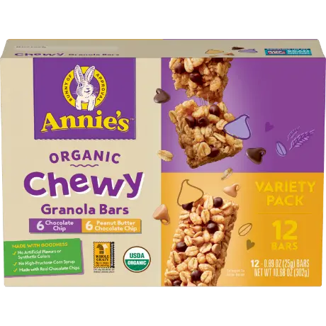 Annie's Organic Chewy Granola Bars variety pack, Chocolate Chip and Peanut Butter Chocolate Chip, 12 bars, front of box.