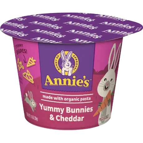 Annie's Yummy Bunnies And Cheddar Microwavable Cup, Single Serving, made with organic pasta, front of cup.