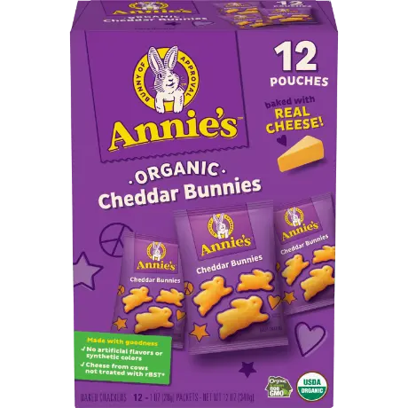 Annie's Organic Cheddar Bunnies Baked Snack Crackers, 12 oz., 12 pouches, made with real cheese, front of box.