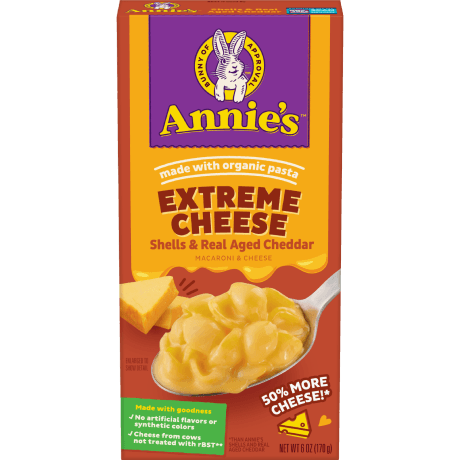 Annie's Extreme Cheese, Shells And Real Aged Cheddar Macaroni And Cheese, made with organic pasta, fifty percent more cheese, front of package.