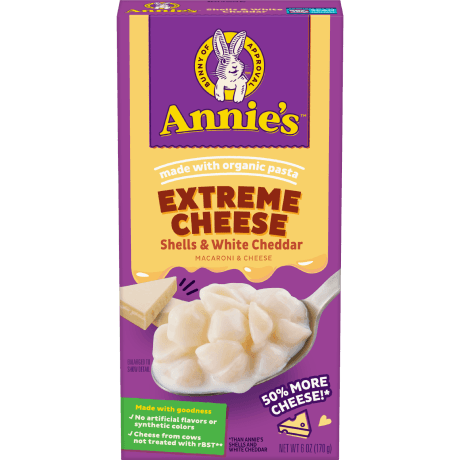 Annie's Extreme Cheese, Shells And White Cheddar Macaroni And Cheese, made with organic pasta, fifty percent more cheese, front of package.
