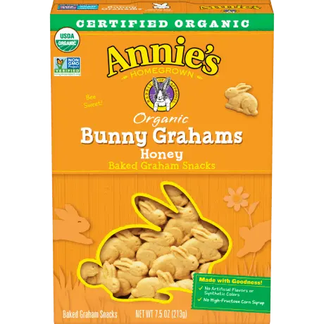 Annie's Organic Honey Bunny Grahams, baked graham snacks, front of box.
