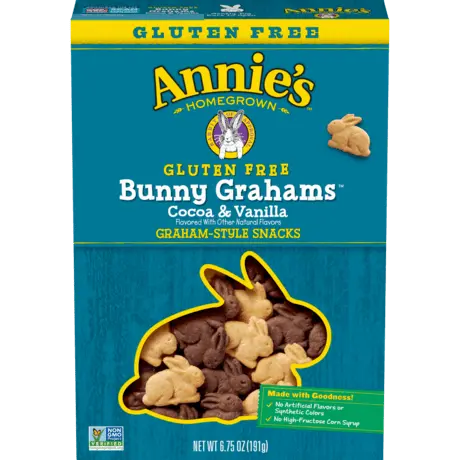 Annie's Gluten Free Bunny Grahams, Cocoa And Vanilla, graham style snacks, front of package.