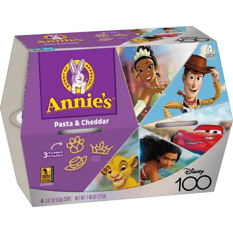Annie's Microwavable Pasta & Cheddar Cups, Disney 100th shapes, front of package.