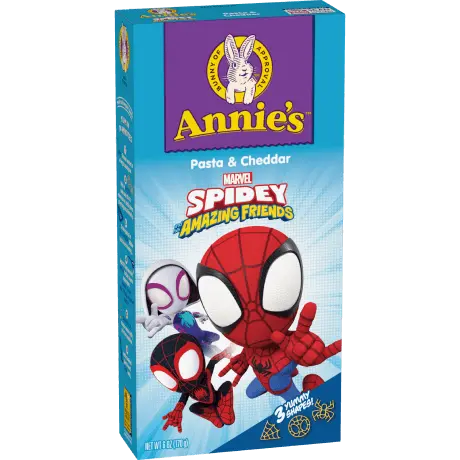 Annie's Pasta & Cheddar, Spidey and his Amazing Friends Shapes, front of package.