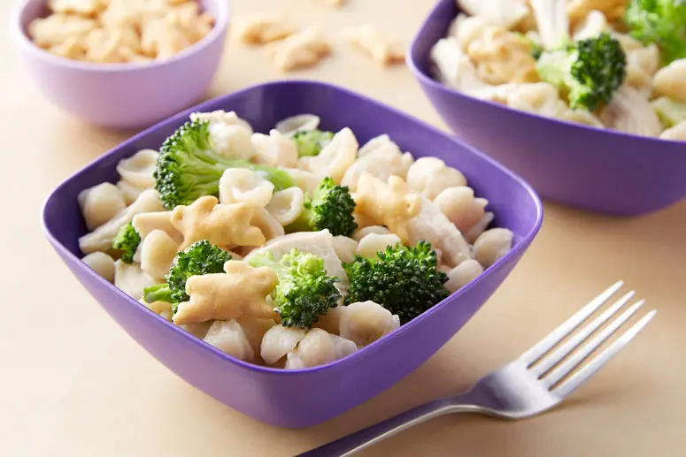 Broccoli Chicken Shells & Cheese in a purple single sized bowl and fork and sitting on a countertop surface.